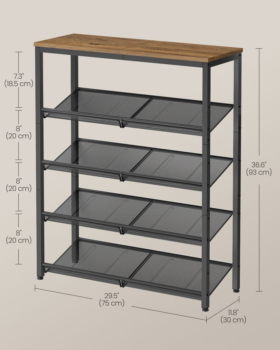 5-Tier Shoe Rack – Steel – Honey Brown and Ink Black – High Storage with Mesh Shelves and Large Top for Bags