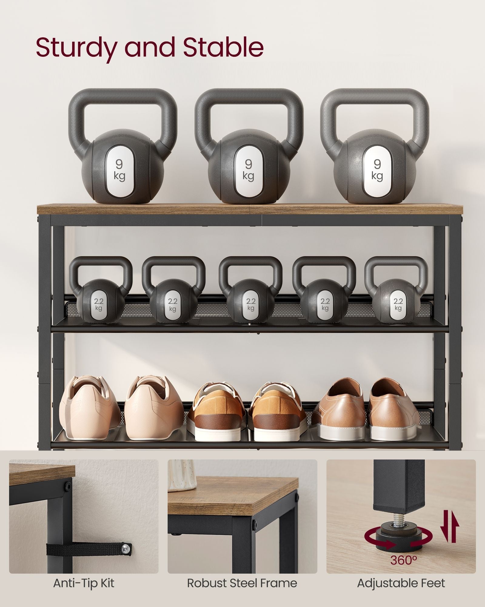 5-Tier Shoe Rack – Steel – Honey Brown and Ink Black – High Storage with Mesh Shelves and Large Top for Bags