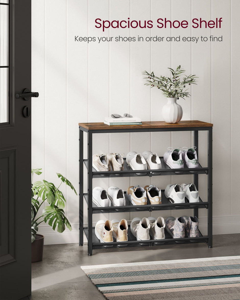 4-Tier Metal Shoe Rack – Steel – Expandable – Adjustable Mesh Shelves