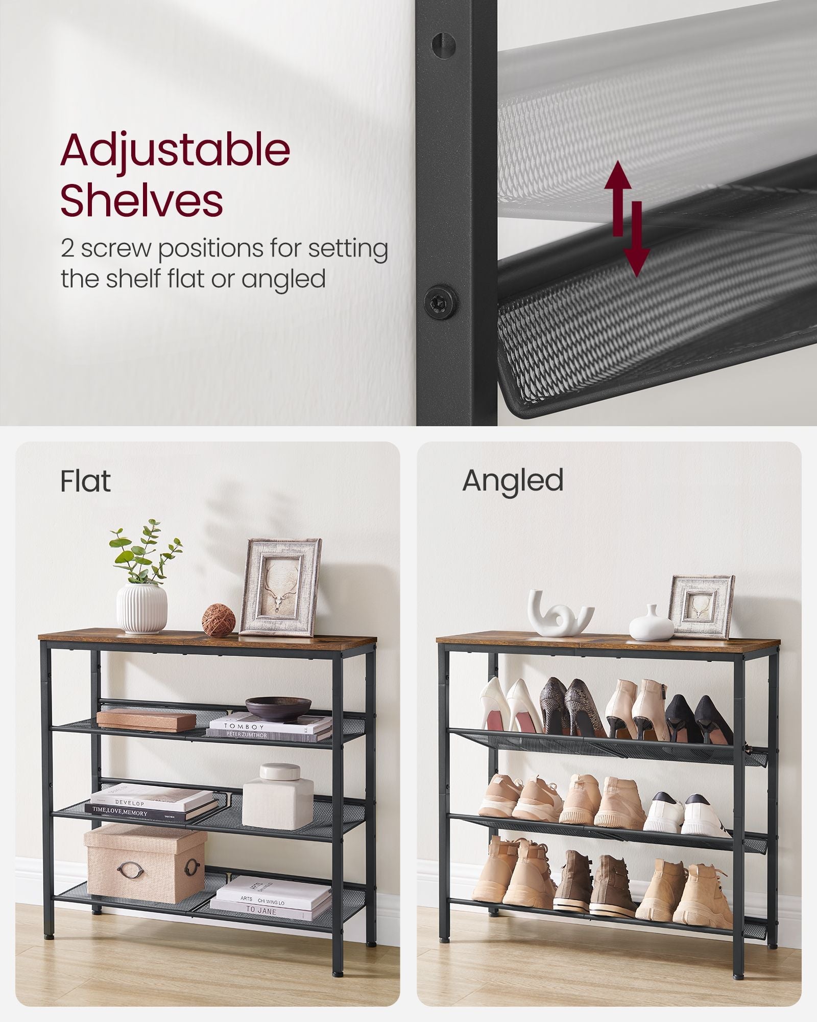 4-Tier Metal Shoe Rack – Steel – Expandable – Adjustable Mesh Shelves
