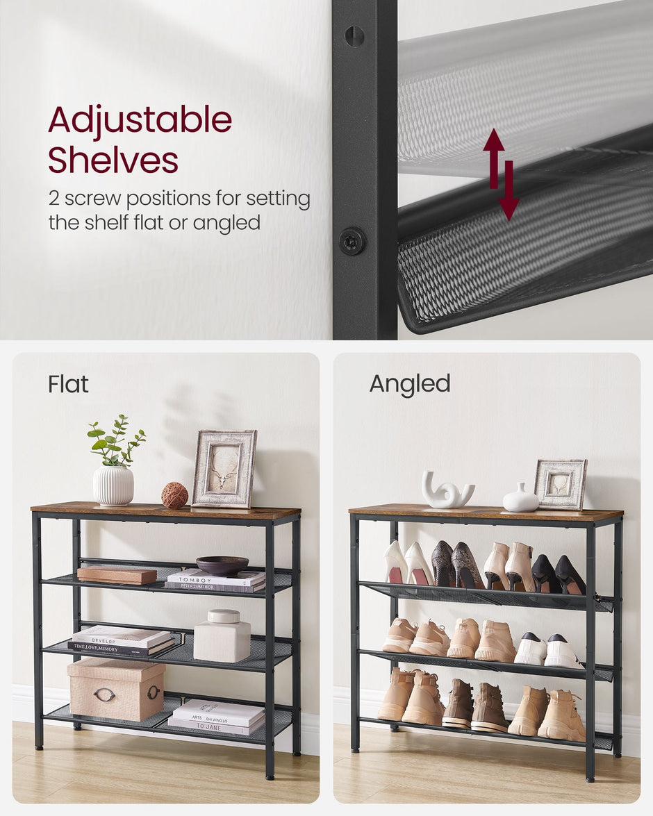 4-Tier Metal Shoe Rack – Steel – Expandable – Adjustable Mesh Shelves