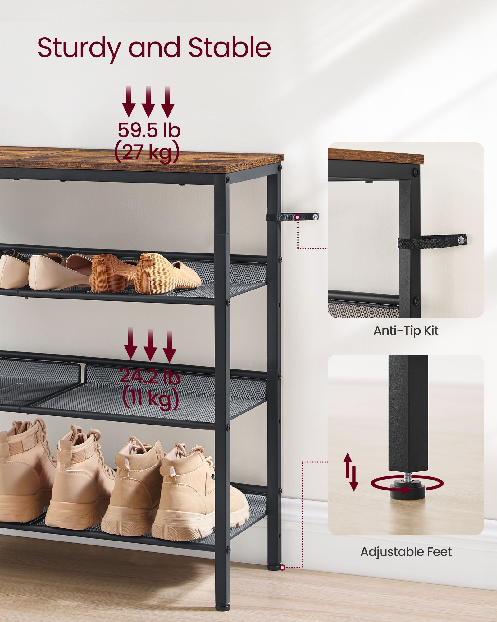 4-Tier Metal Shoe Rack – Steel – Expandable – Adjustable Mesh Shelves