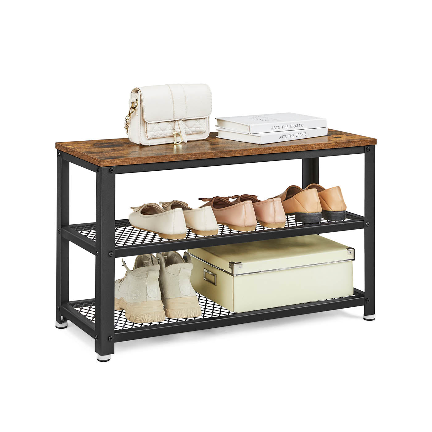 Shoe Bench – Wood and Metal – Rustic Brown – 3-Tier Storage with Seating