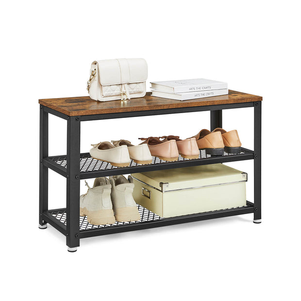 Shoe Bench – Wood and Metal – Rustic Brown – 3-Tier Storage with Seating