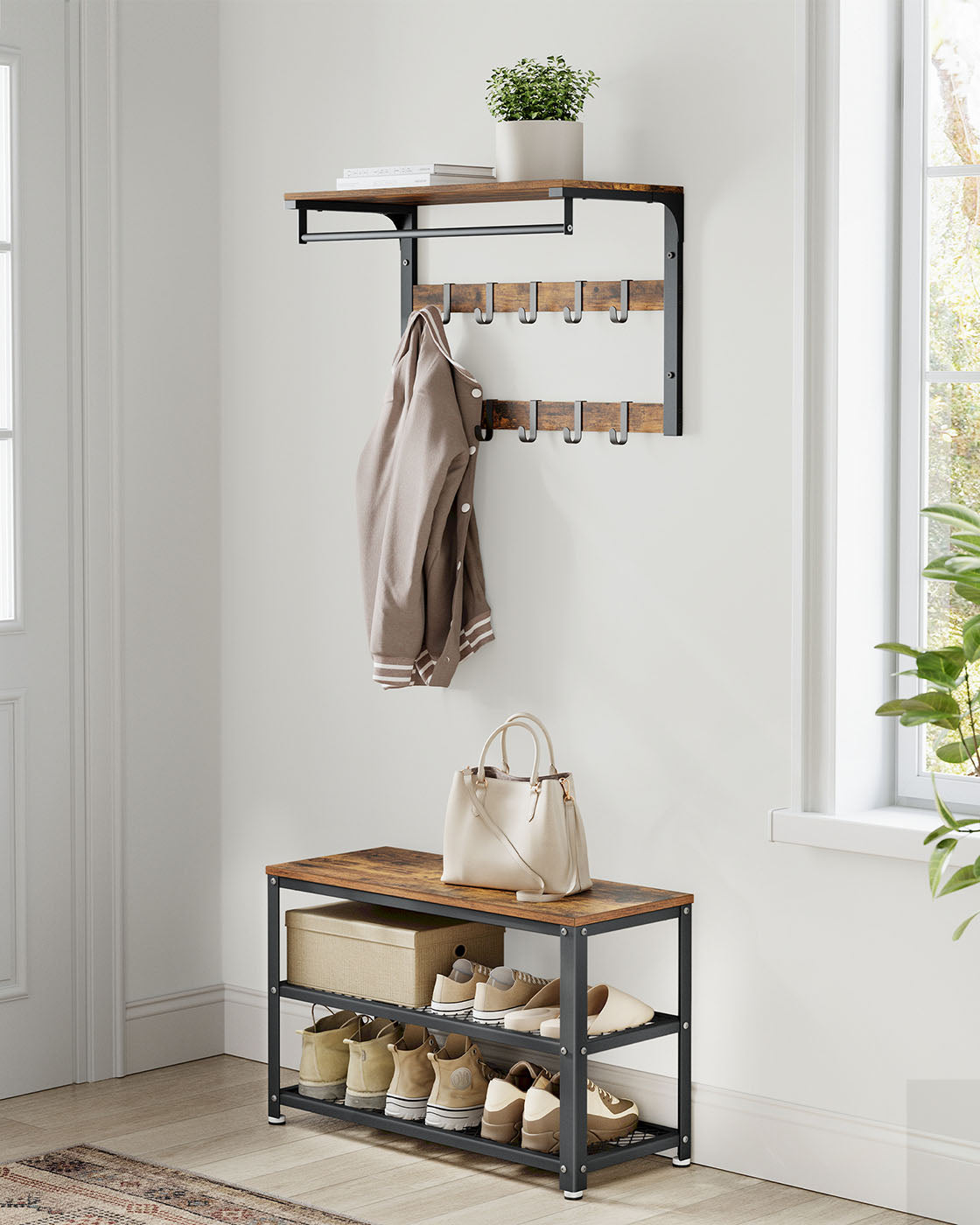 Shoe Bench – Wood and Metal – Rustic Brown – 3-Tier Storage with Seating