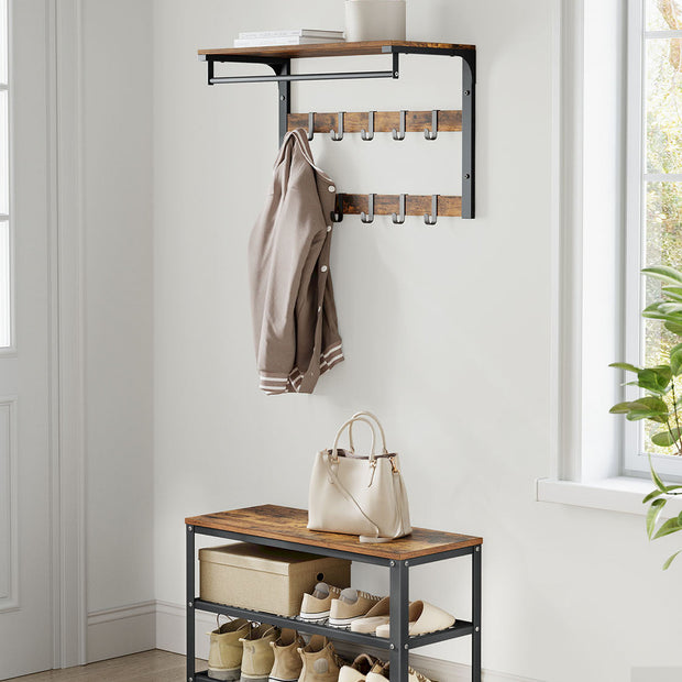 Shoe Bench – Wood and Metal – Rustic Brown – 3-Tier Storage with Seating