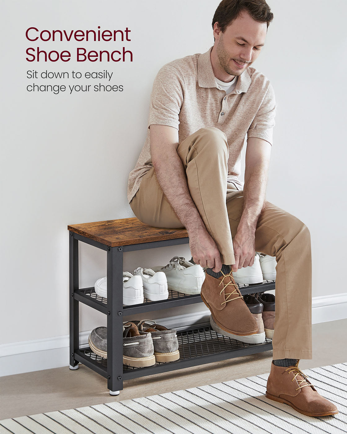 Shoe Bench – Wood and Metal – Rustic Brown – 3-Tier Storage with Seating