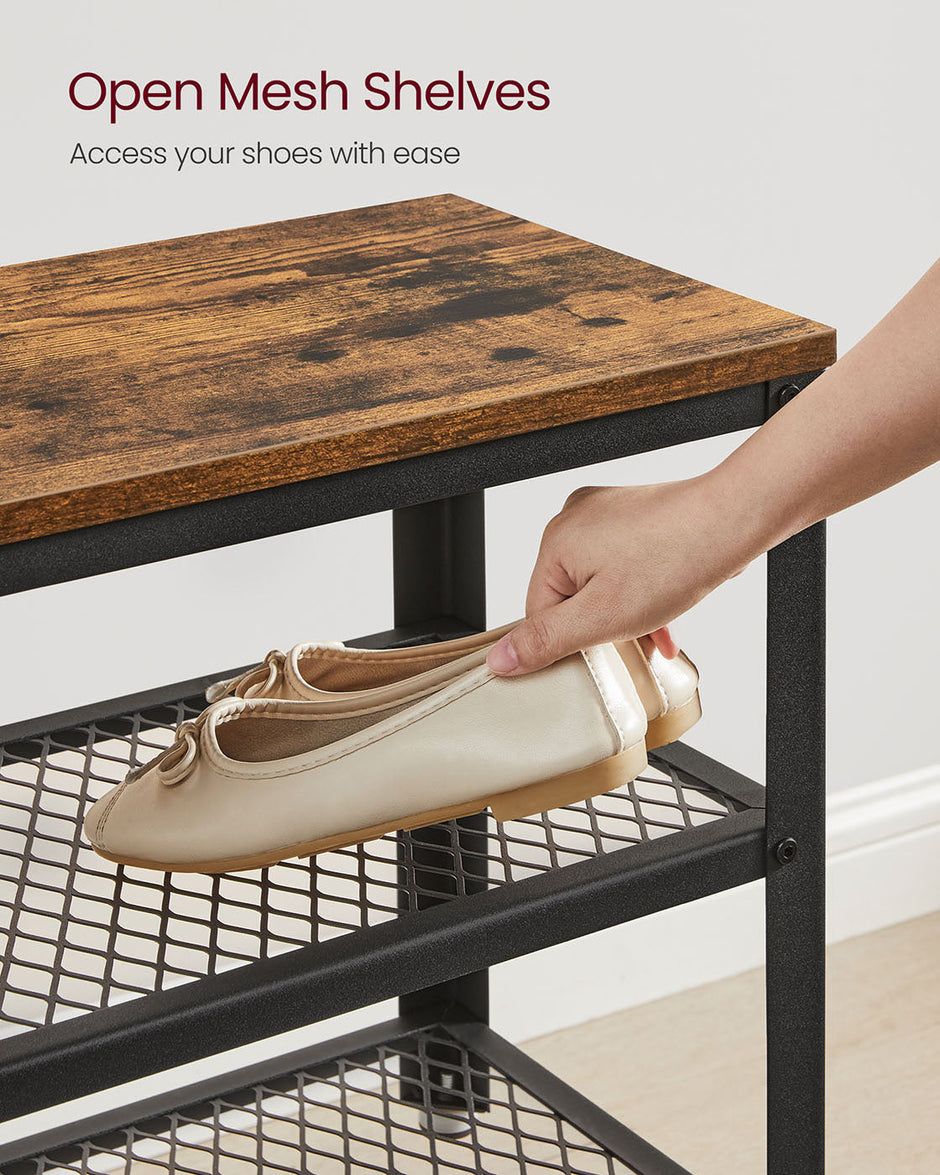 Shoe Bench – Wood and Metal – Rustic Brown – 3-Tier Storage with Seating