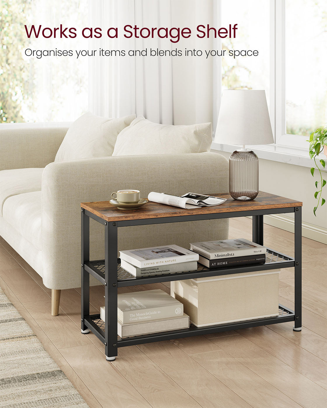 Shoe Bench – Wood and Metal – Rustic Brown – 3-Tier Storage with Seating
