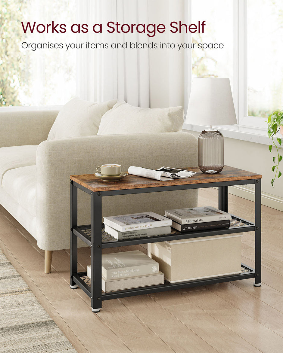 Shoe Bench – Wood and Metal – Rustic Brown – 3-Tier Storage with Seating