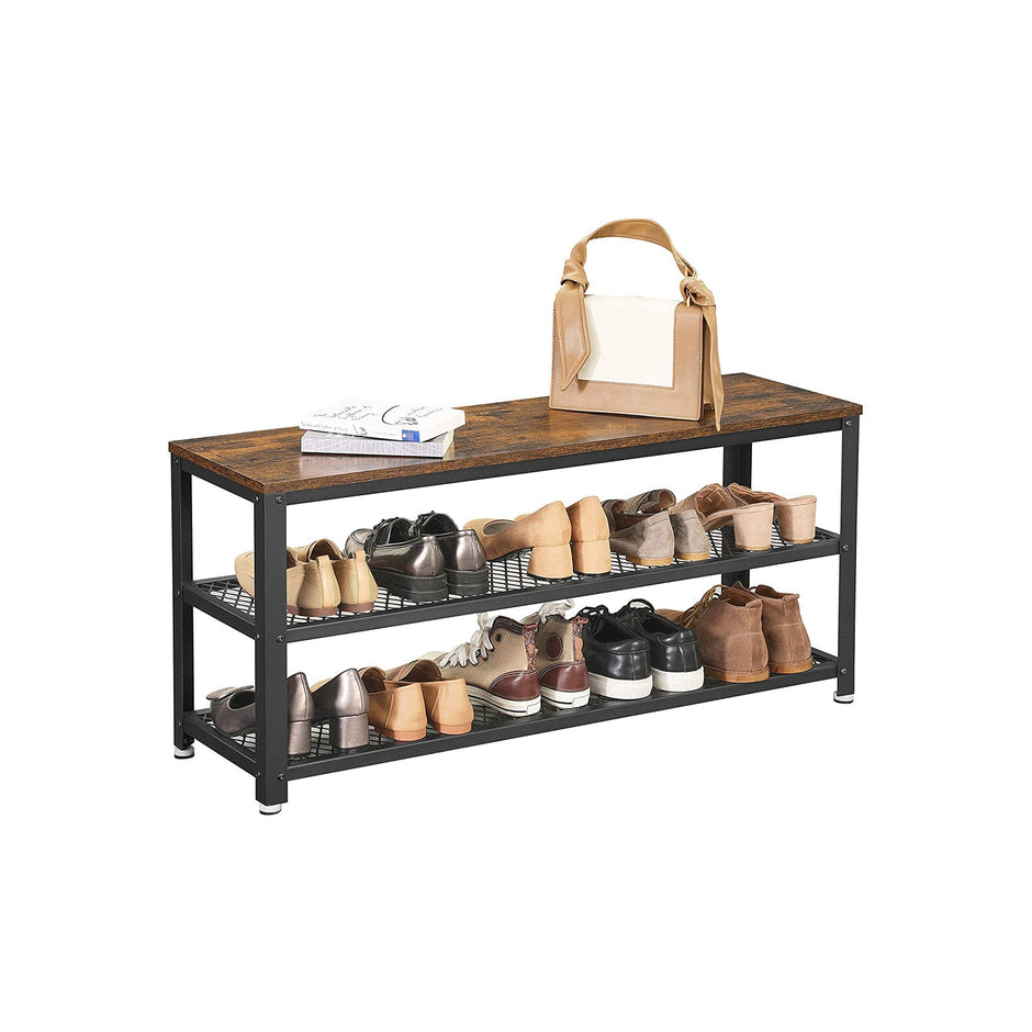 Shoe Bench – Steel – Rustic Brown and Black – Industrial Style with 2 Shelves
