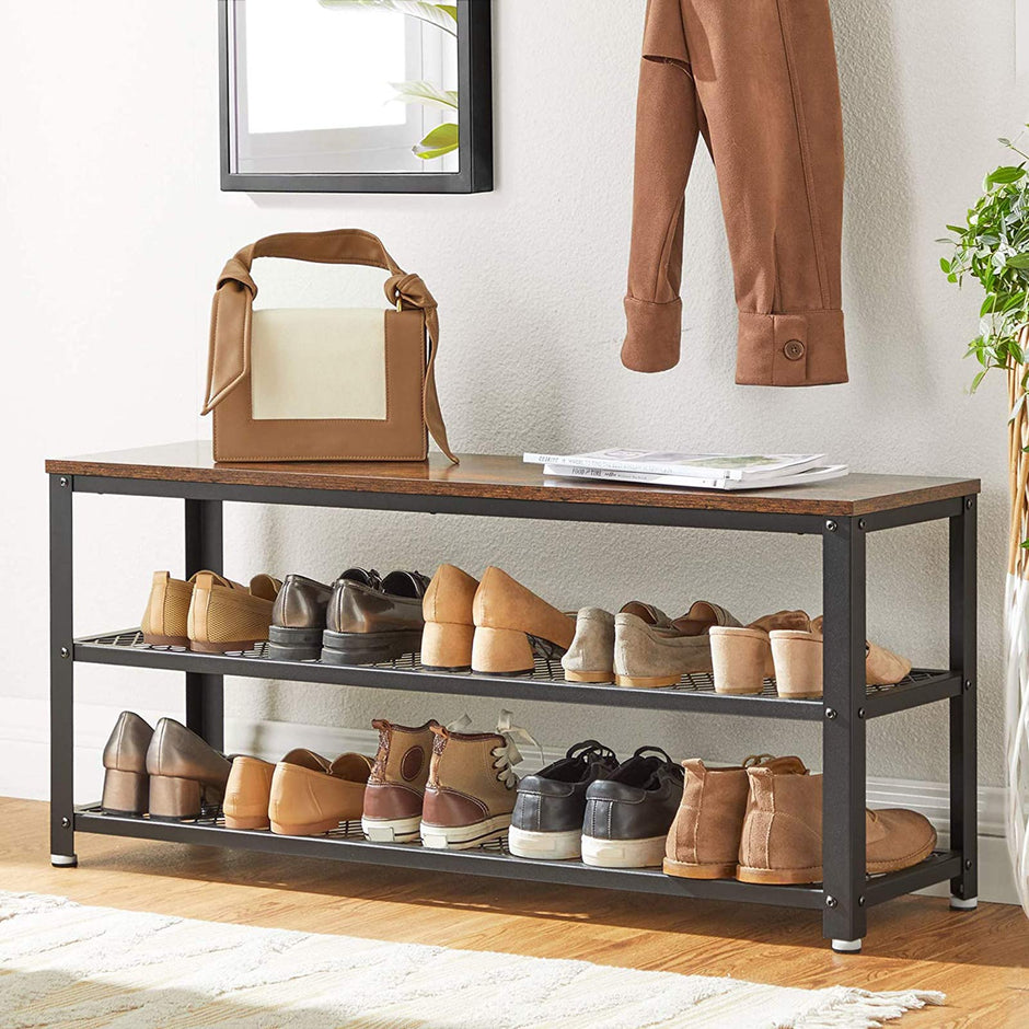 Shoe Bench – Steel – Rustic Brown and Black – Industrial Style with 2 Shelves
