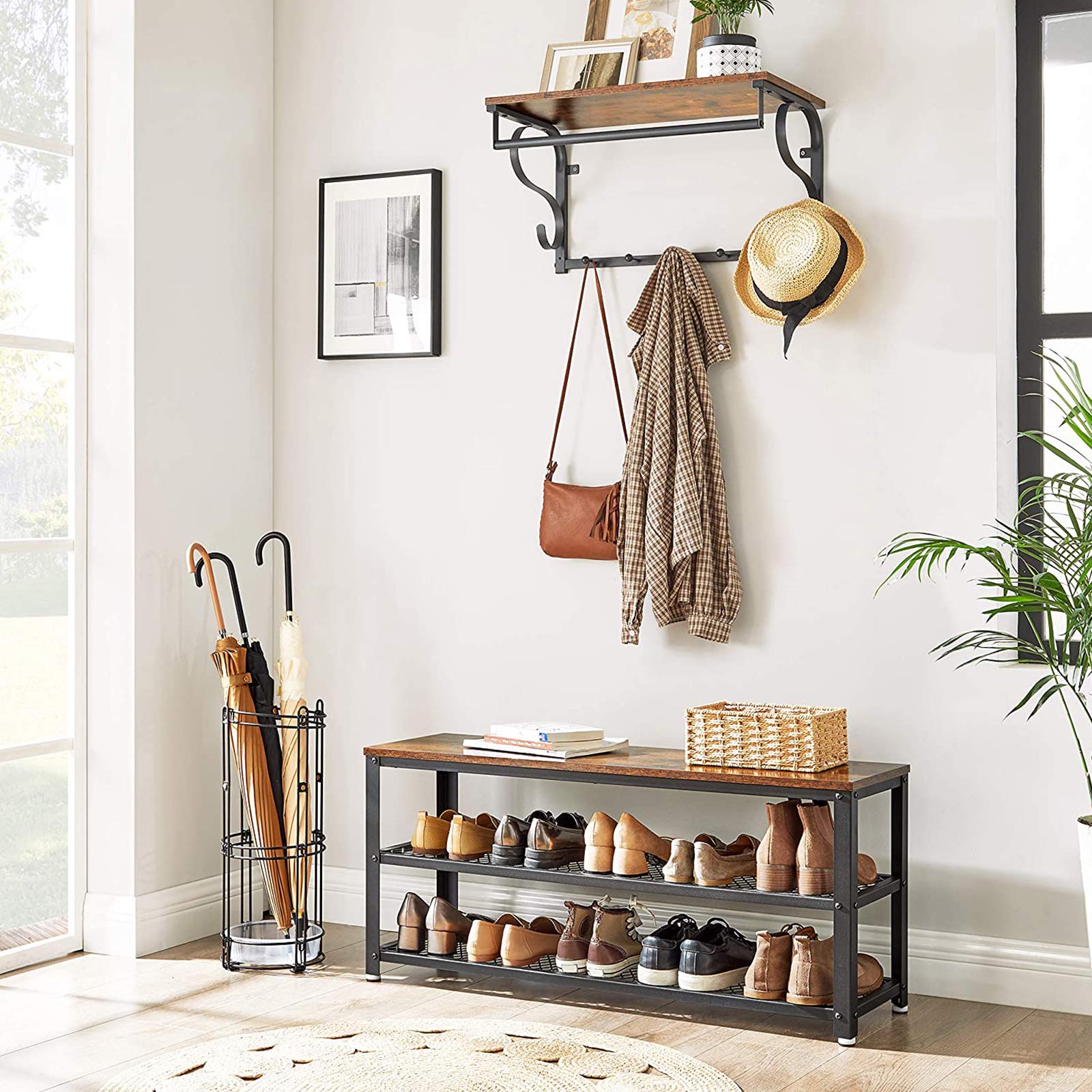 Shoe Bench – Steel – Rustic Brown and Black – Industrial Style with 2 Shelves
