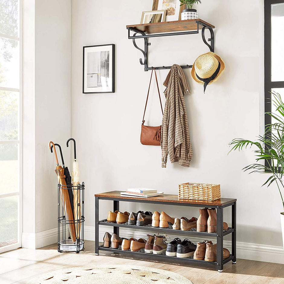 Shoe Bench – Steel – Rustic Brown and Black – Industrial Style with 2 Shelves