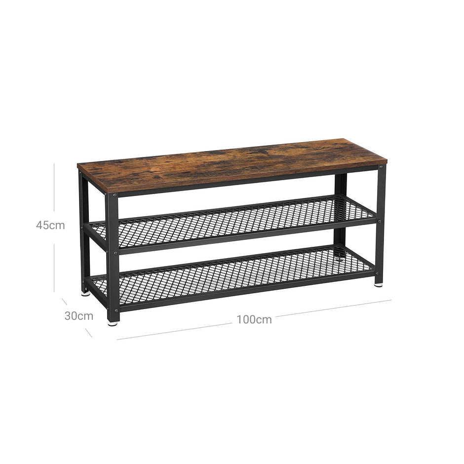 Shoe Bench – Steel – Rustic Brown and Black – Industrial Style with 2 Shelves