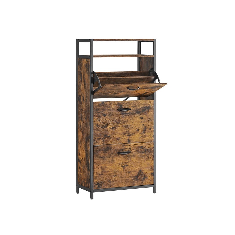 Shoe Cabinet – Engineered Wood – Rustic Brown and Black – Three Flip Doors with Open Compartment and Internal Dividers for 15-18 Pairs