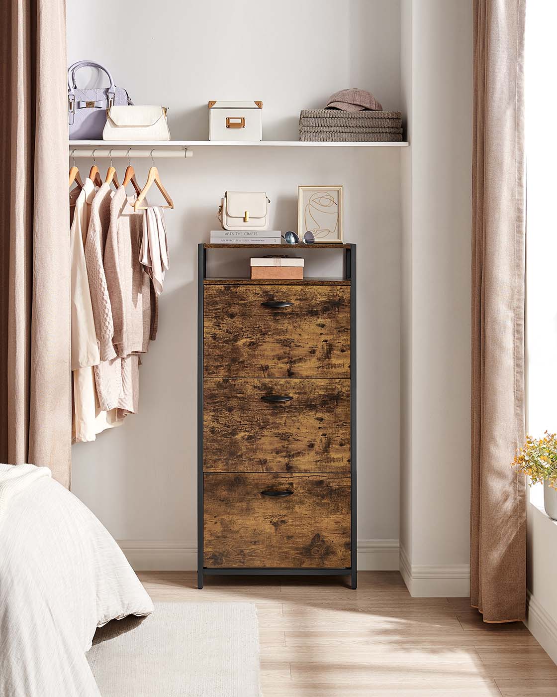 Shoe Cabinet – Engineered Wood – Rustic Brown and Black – Three Flip Doors with Open Compartment and Internal Dividers for 15-18 Pairs