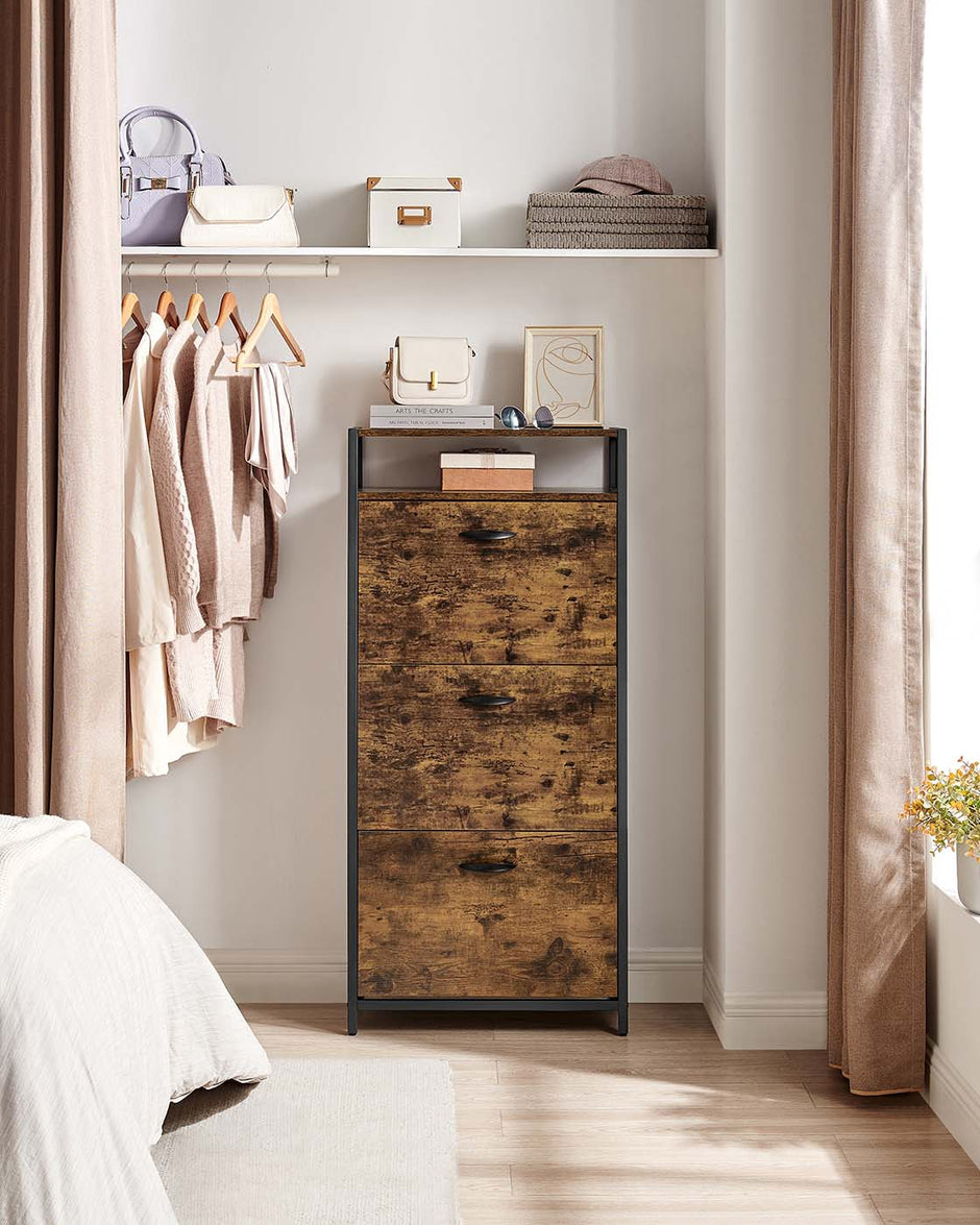 Shoe Cabinet – Engineered Wood – Rustic Brown and Black – Three Flip Doors with Open Compartment and Internal Dividers for 15-18 Pairs