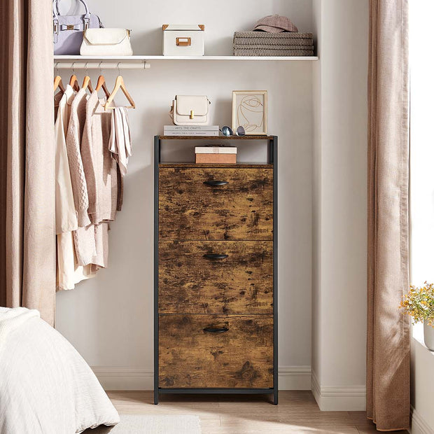 Shoe Cabinet – Engineered Wood – Rustic Brown and Black – Three Flip Doors with Open Compartment and Internal Dividers for 15-18 Pairs