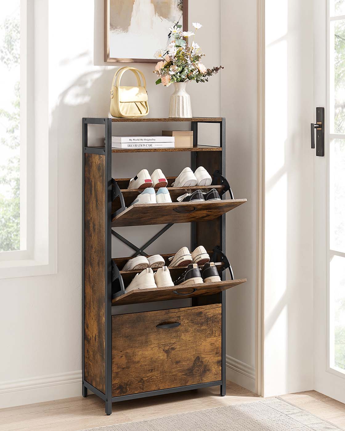 Shoe Cabinet – Engineered Wood – Rustic Brown and Black – Three Flip Doors with Open Compartment and Internal Dividers for 15-18 Pairs