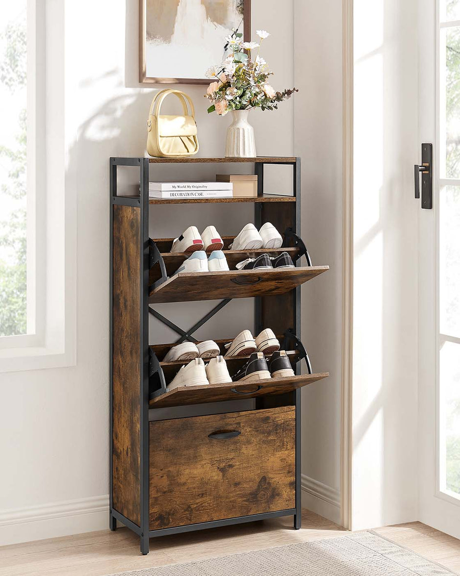 Shoe Cabinet – Engineered Wood – Rustic Brown and Black – Three Flip Doors with Open Compartment and Internal Dividers for 15-18 Pairs