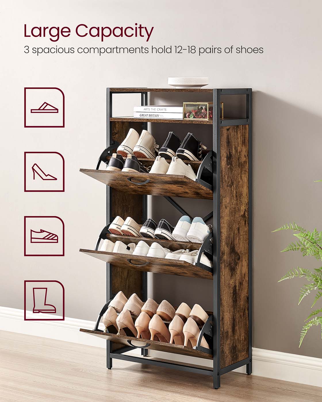 Shoe Cabinet – Engineered Wood – Rustic Brown and Black – Three Flip Doors with Open Compartment and Internal Dividers for 15-18 Pairs
