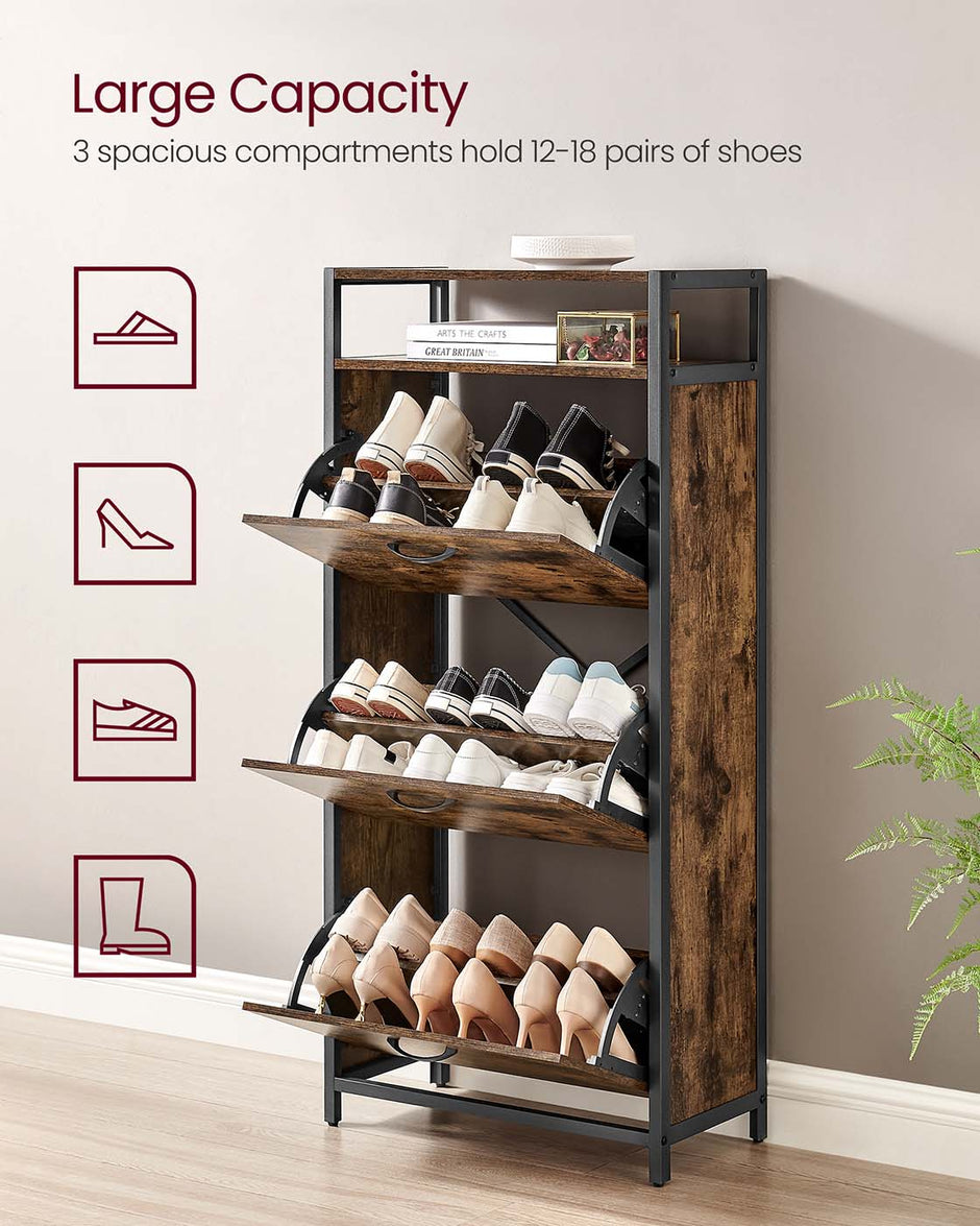 Shoe Cabinet – Engineered Wood – Rustic Brown and Black – Three Flip Doors with Open Compartment and Internal Dividers for 15-18 Pairs