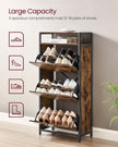 Shoe Cabinet – Engineered Wood – Rustic Brown and Black – Three Flip Doors with Open Compartment and Internal Dividers for 15-18 Pairs