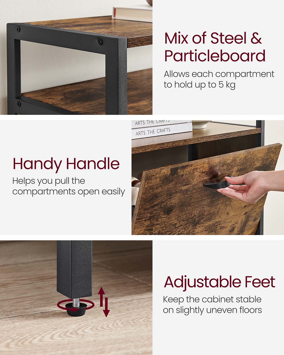 Shoe Cabinet – Engineered Wood – Rustic Brown and Black – Three Flip Doors with Open Compartment and Internal Dividers for 15-18 Pairs