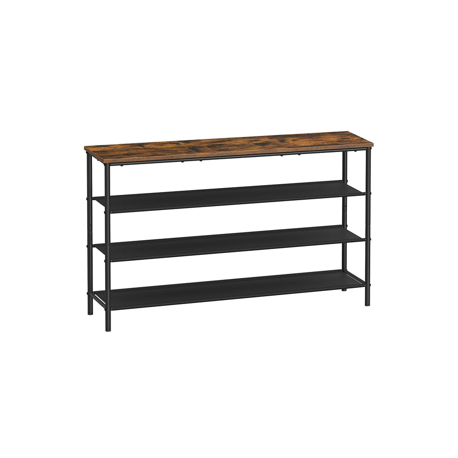 4-Tier Shoe Rack – Fabric and Steel – Rustic Brown and Black – Narrow Storage Organizer with Top Shelf for Bags