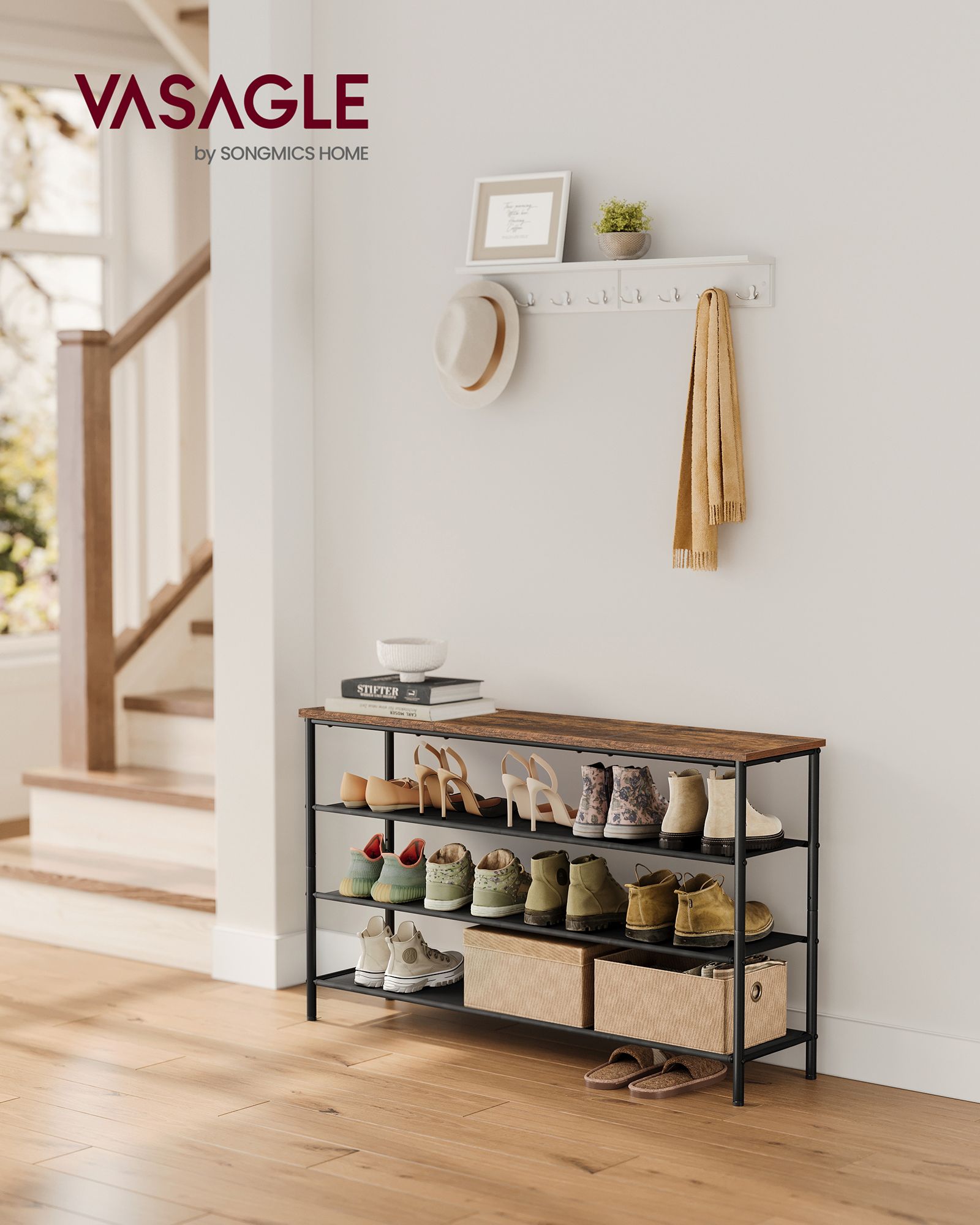 4-Tier Shoe Rack – Steel Frame with Fabric Shelves – Rustic Brown and Black – Space-Saving Shoe Storage for 15-18 Pairs