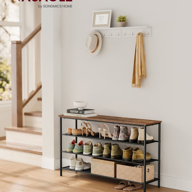 4-Tier Shoe Rack – Steel Frame with Fabric Shelves – Rustic Brown and Black – Space-Saving Shoe Storage for 15-18 Pairs