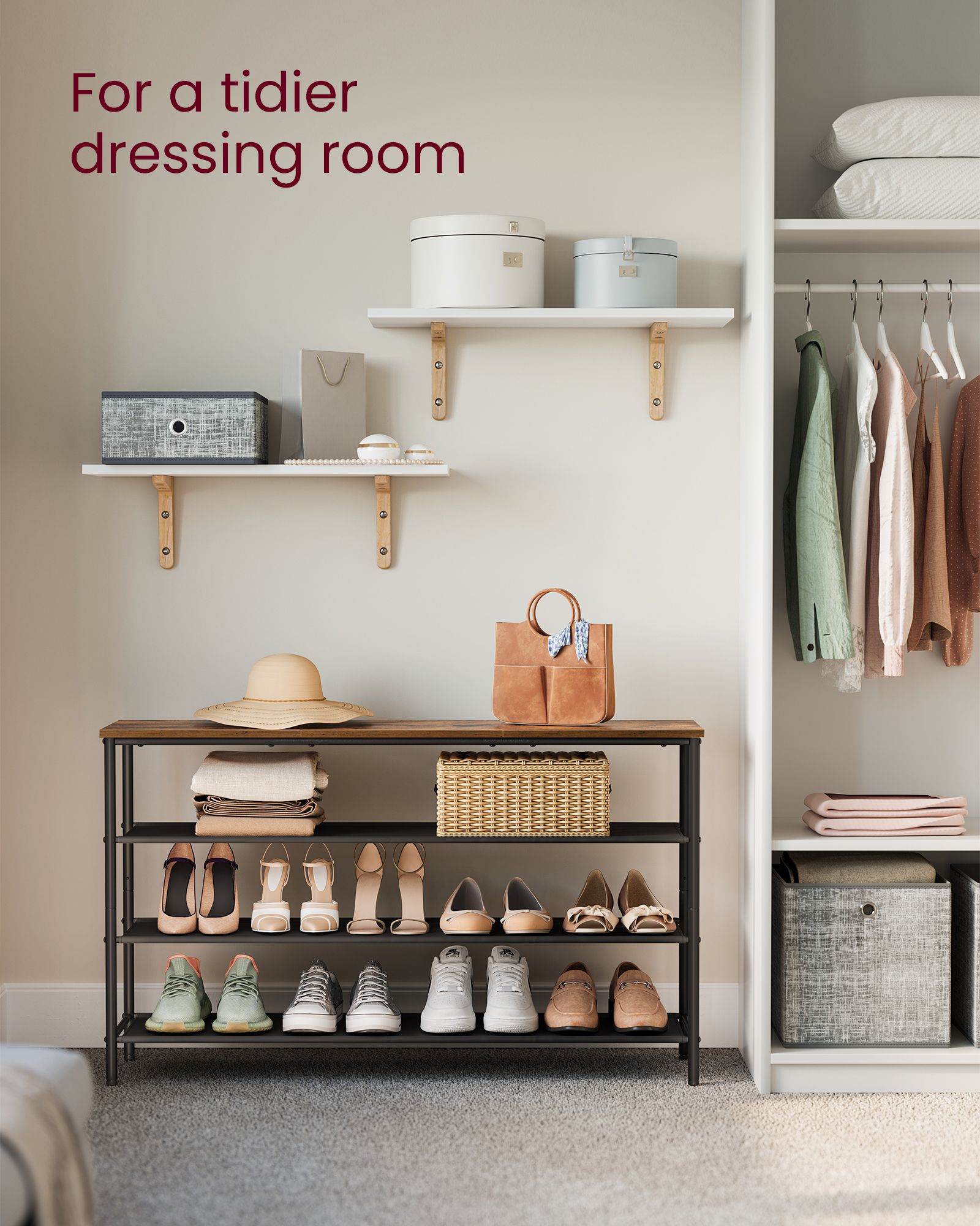4-Tier Shoe Rack – Fabric and Steel – Rustic Brown and Black – Narrow Storage Organizer with Top Shelf for Bags