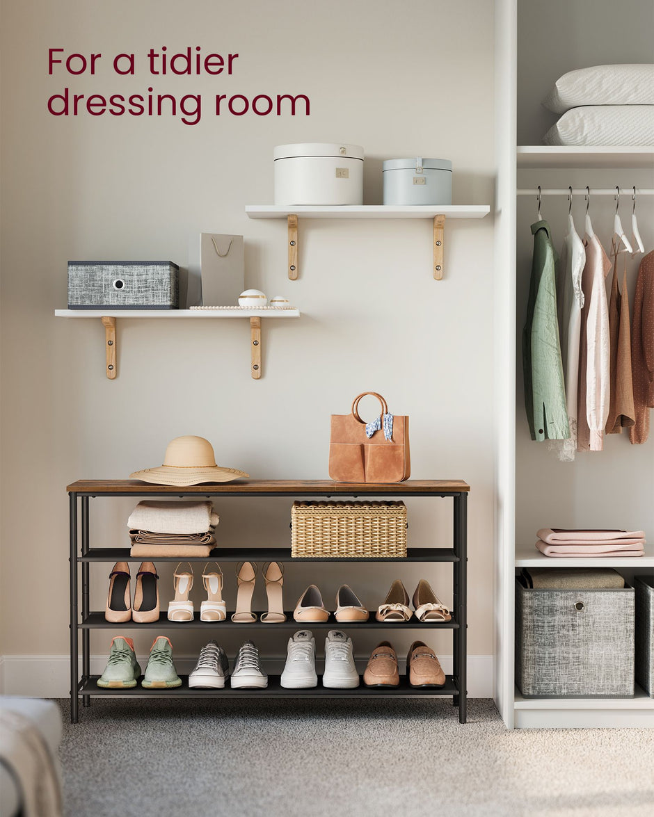 4-Tier Shoe Rack – Steel Frame with Fabric Shelves – Rustic Brown and Black – Space-Saving Shoe Storage for 15-18 Pairs