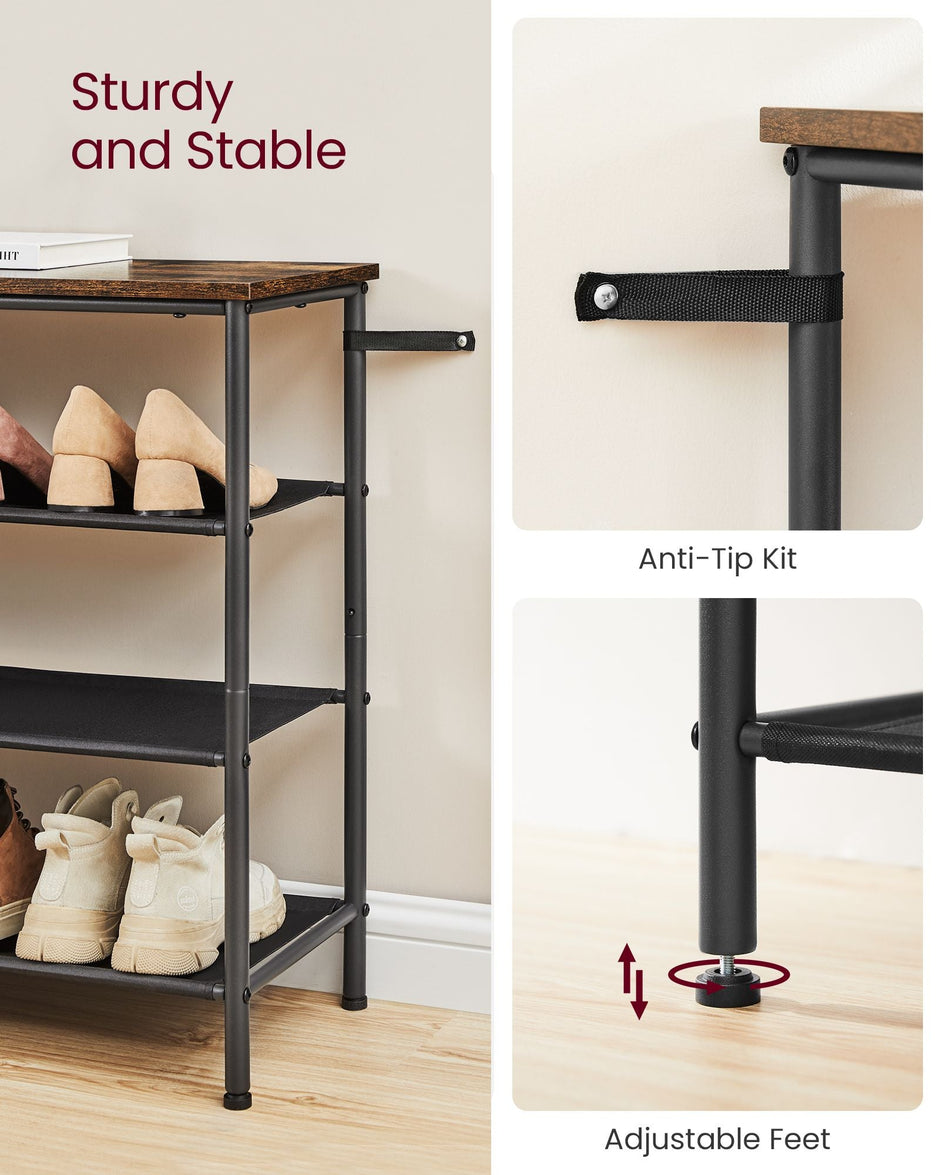 4-Tier Shoe Rack – Steel Frame with Fabric Shelves – Rustic Brown and Black – Space-Saving Shoe Storage for 15-18 Pairs