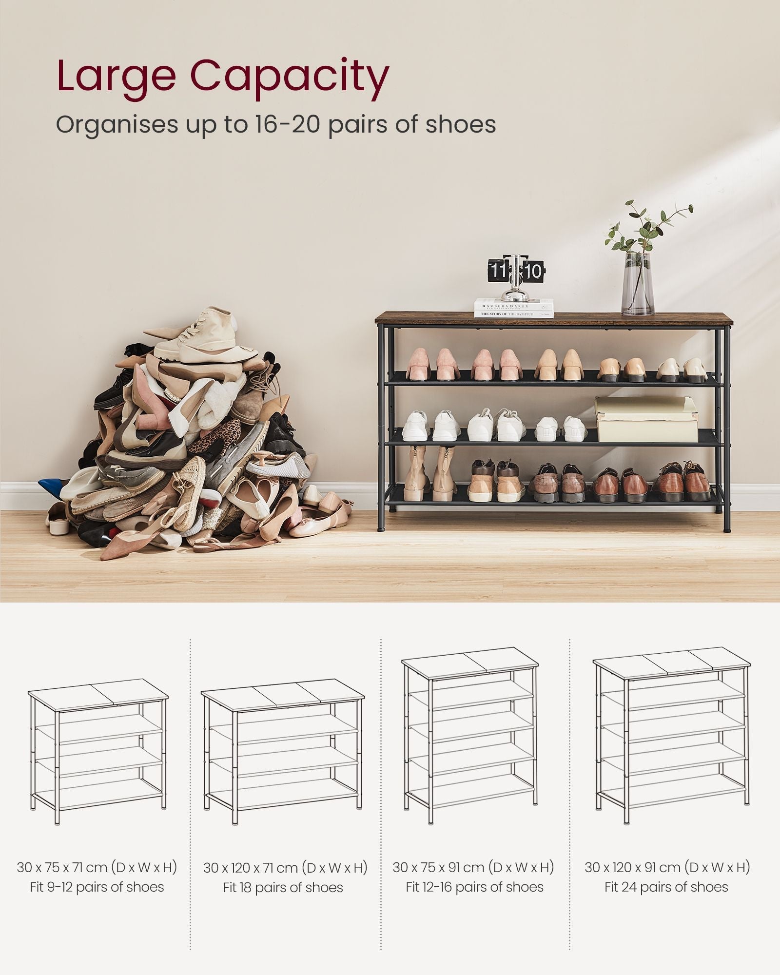 4-Tier Shoe Rack – Fabric and Steel – Rustic Brown and Black – Narrow Storage Organizer with Top Shelf for Bags