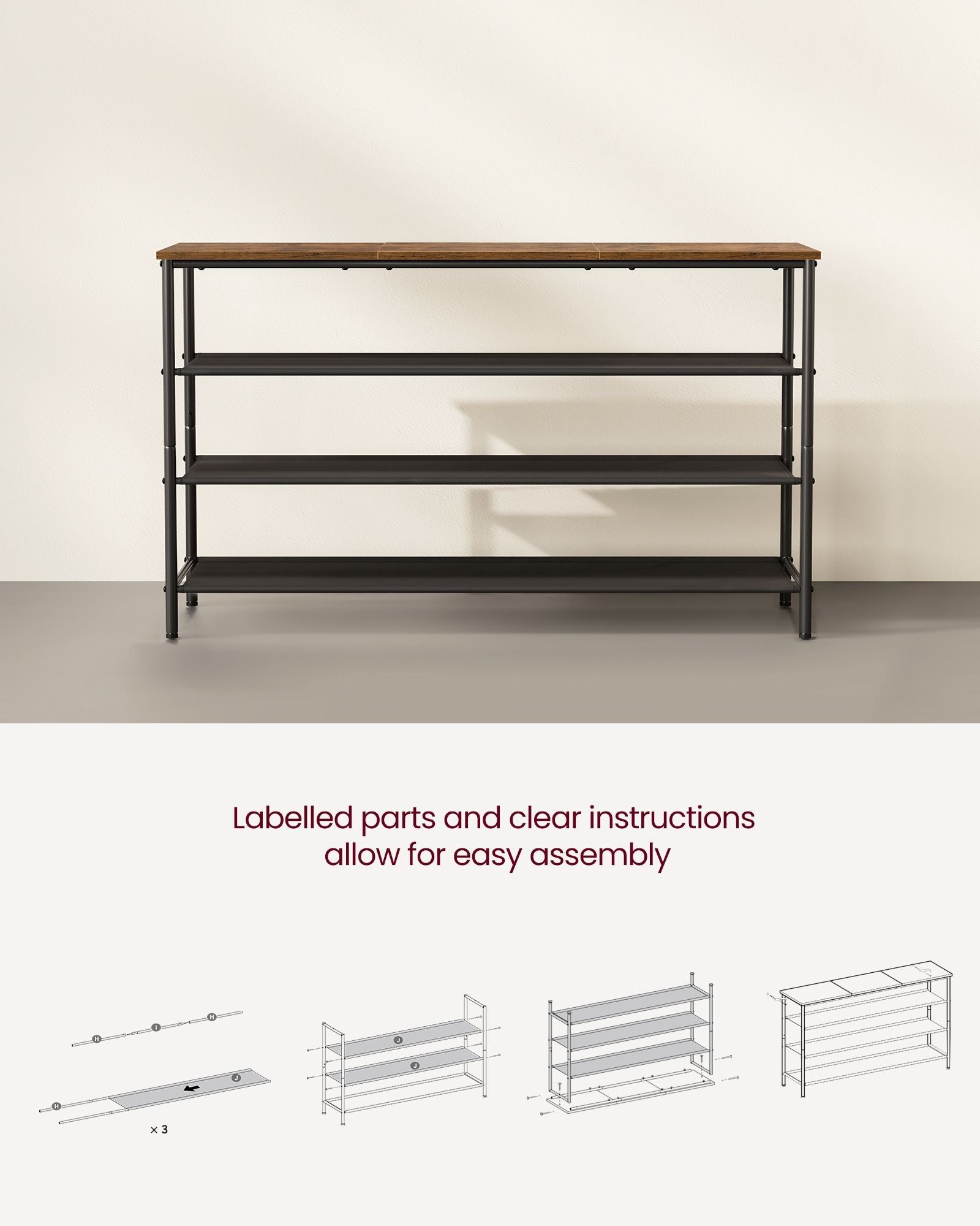 4-Tier Shoe Rack – Fabric and Steel – Rustic Brown and Black – Narrow Storage Organizer with Top Shelf for Bags