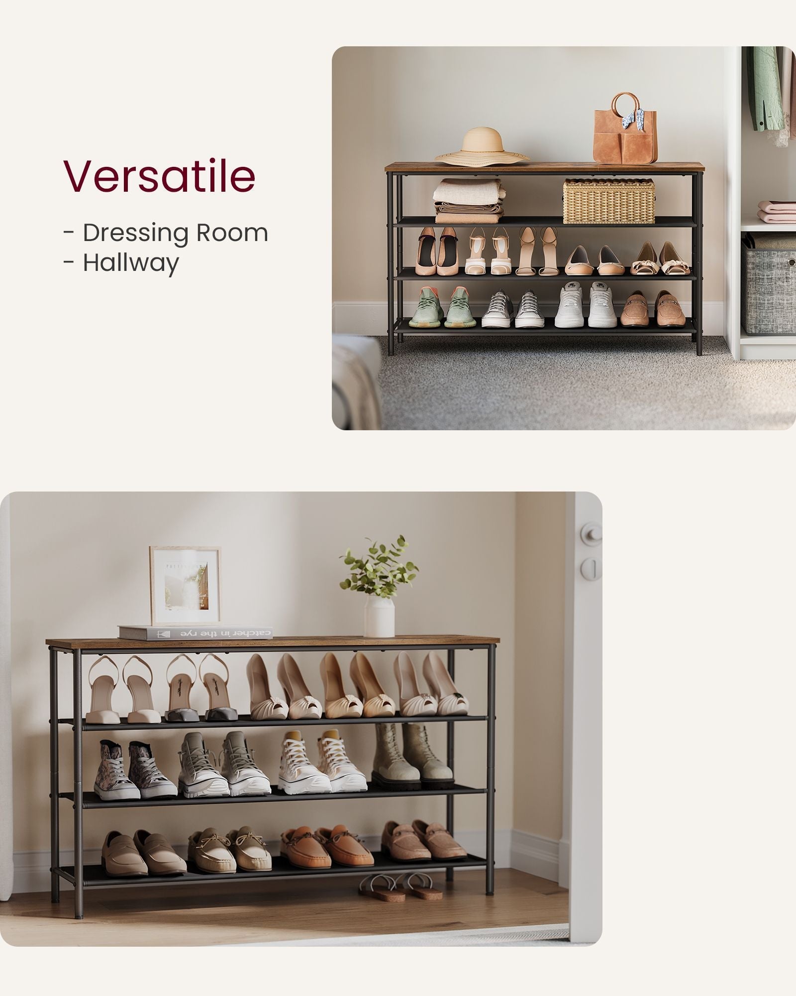 4-Tier Shoe Rack – Steel Frame with Fabric Shelves – Rustic Brown and Black – Space-Saving Shoe Storage for 15-18 Pairs