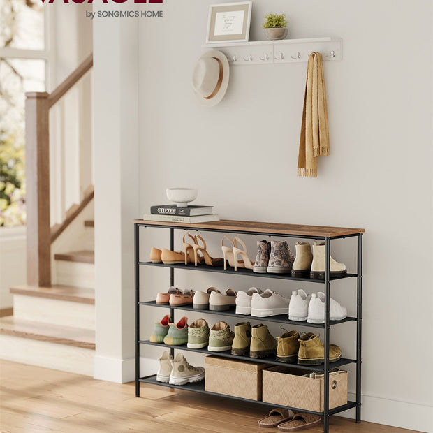 5-Tier Shoe Rack – Steel Frame and Fabric – Rustic Brown and Black – Narrow Storage Organizer for Wardrobe and Hallway