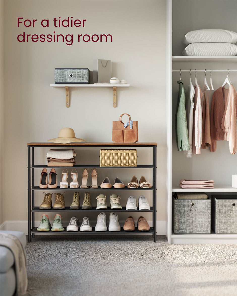 5-Tier Shoe Rack – Steel Frame and Fabric – Rustic Brown and Black – Narrow Storage Organizer for Wardrobe and Hallway