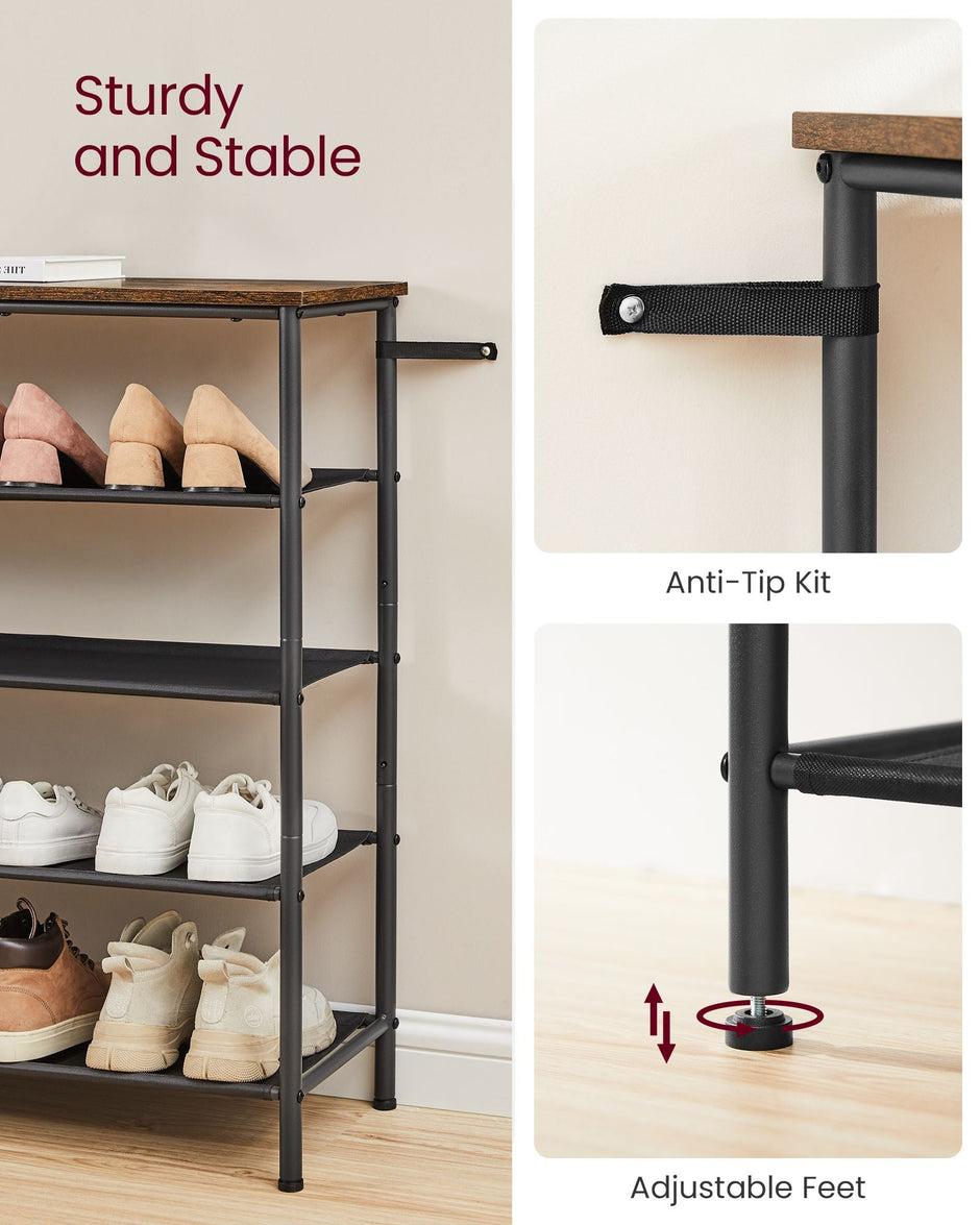 5-Tier Shoe Rack – Steel Frame and Fabric – Rustic Brown and Black – Narrow Storage Organizer for Wardrobe and Hallway