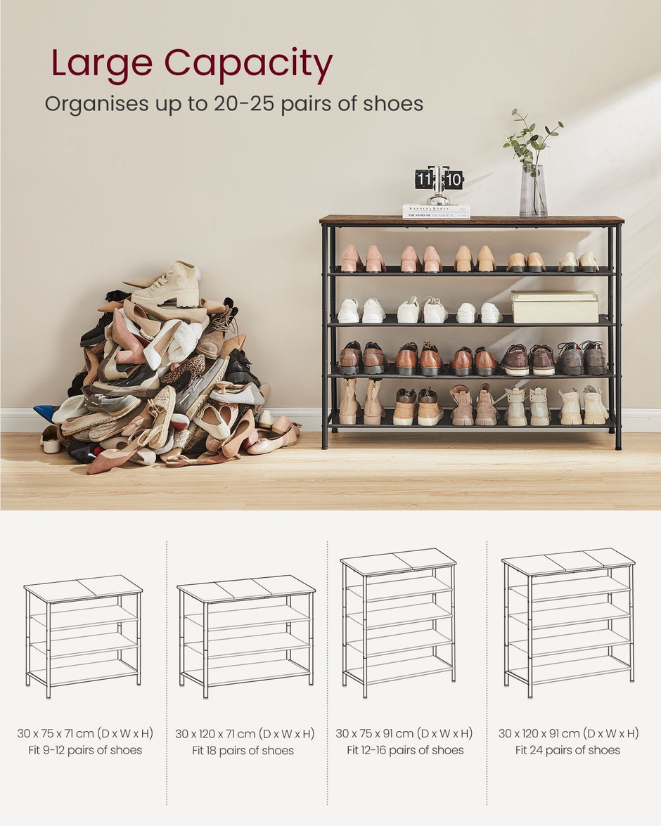 5-Tier Shoe Rack – Steel Frame and Fabric – Rustic Brown and Black – Narrow Storage Organizer for Wardrobe and Hallway