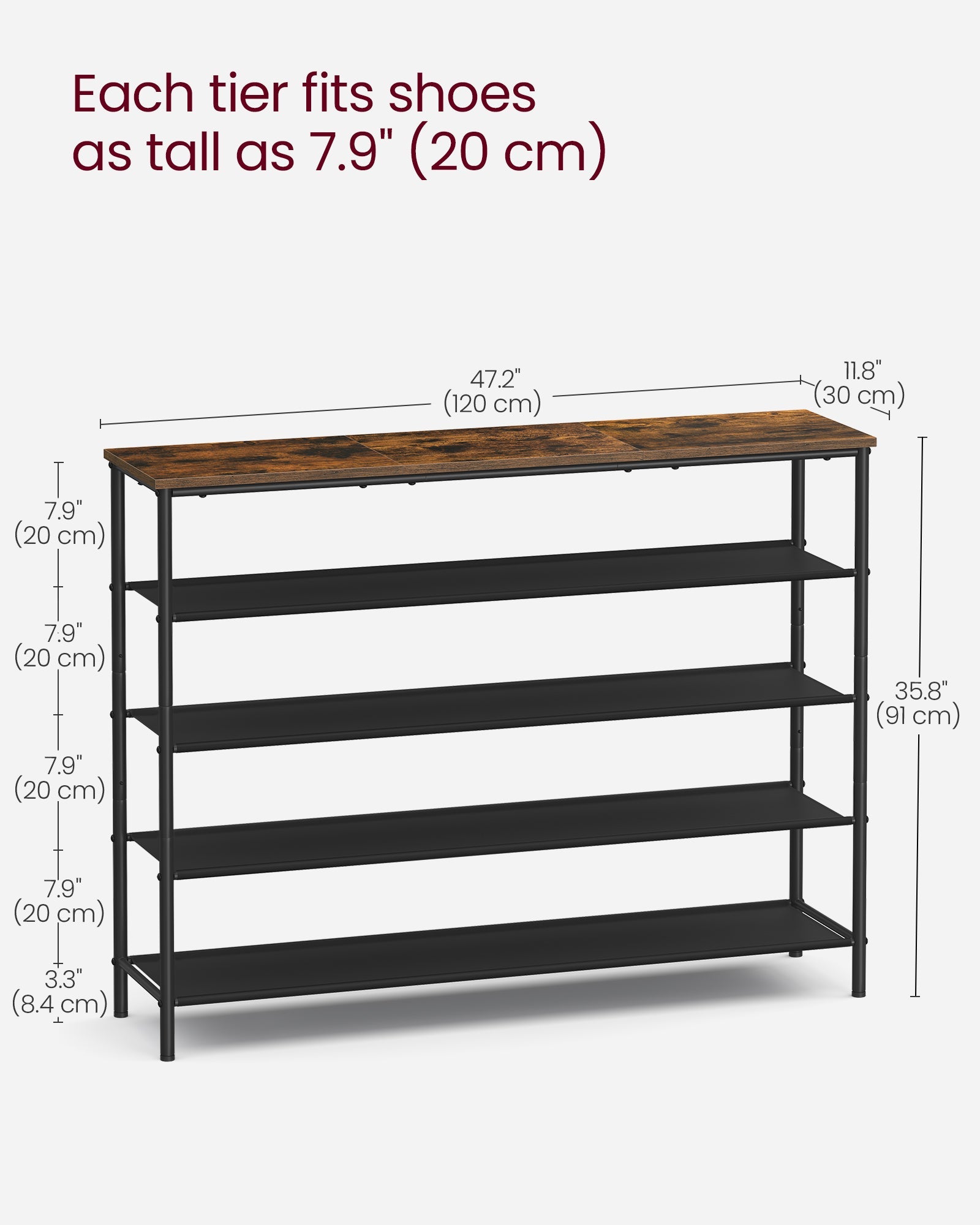 5-Tier Shoe Rack – Steel Frame and Fabric – Rustic Brown and Black – Narrow Storage Organizer for Wardrobe and Hallway
