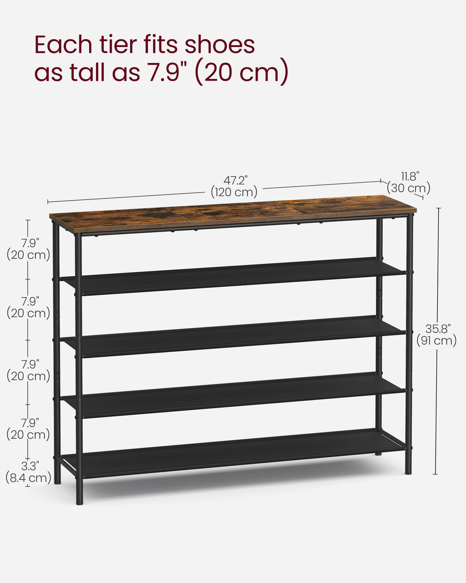 5-Tier Shoe Rack – Steel Frame and Fabric – Rustic Brown and Black – Narrow Storage Organizer for Wardrobe and Hallway