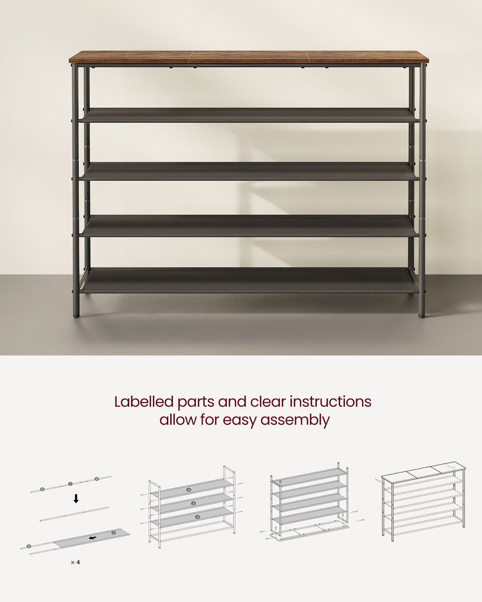 5-Tier Shoe Rack – Steel Frame and Fabric – Rustic Brown and Black – Narrow Storage Organizer for Wardrobe and Hallway