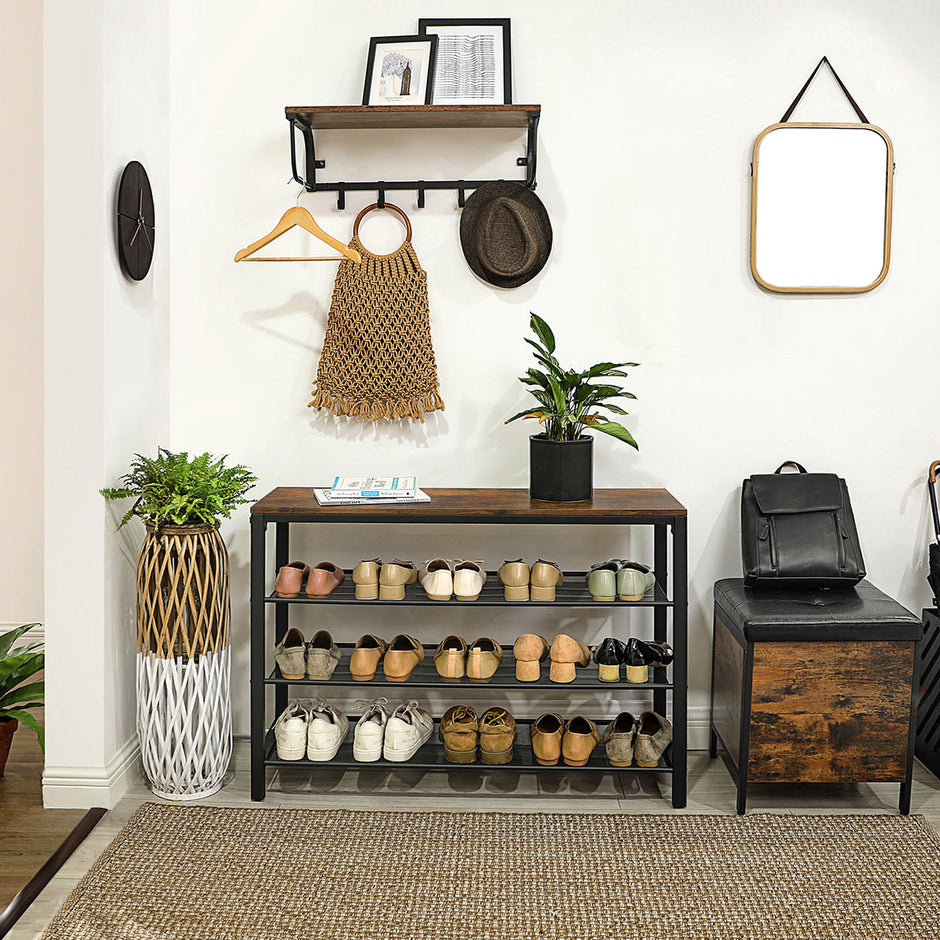 Shoe Rack – Mesh Shelves – Rustic Brown and Black – Simple Structure, Industrial Style