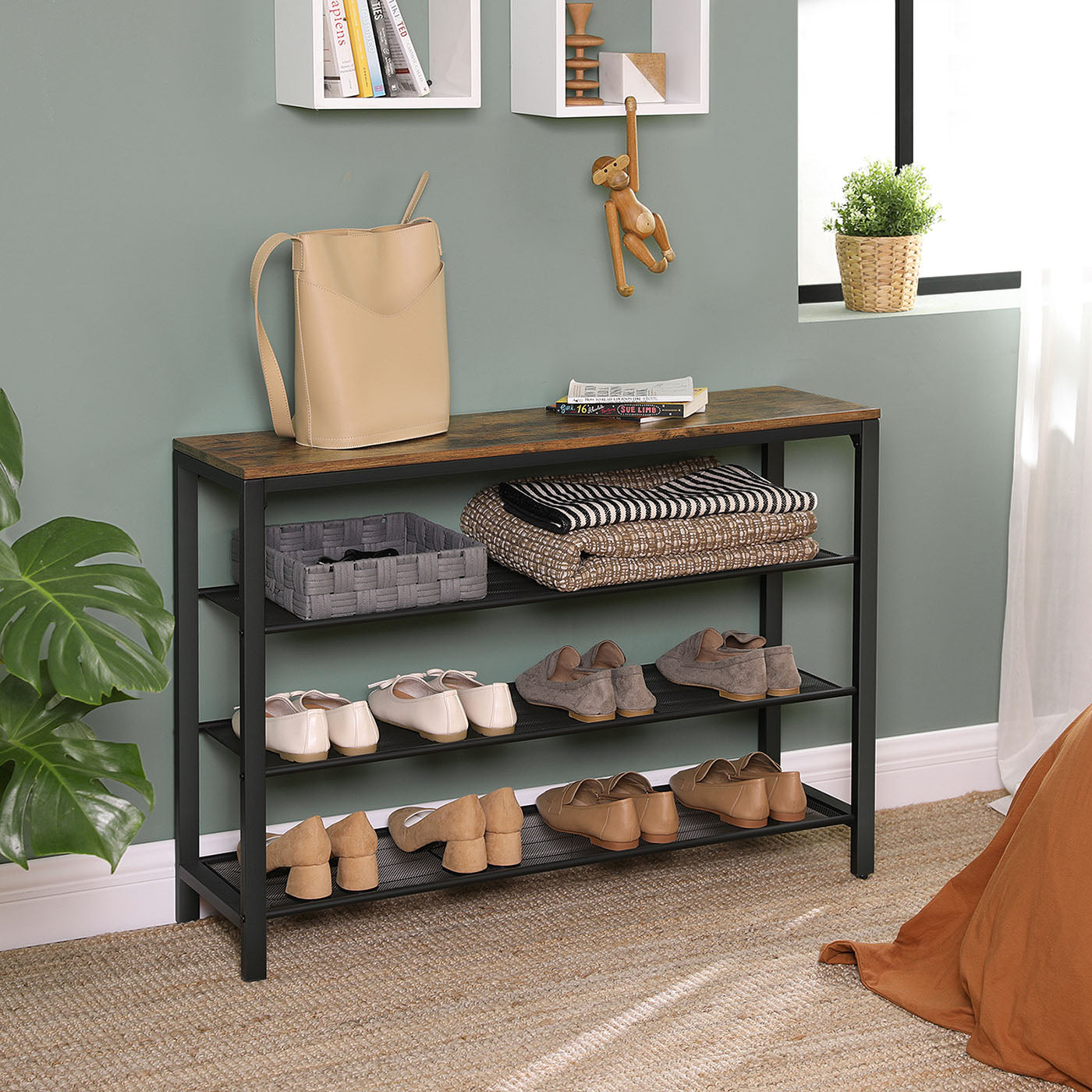 Shoe Rack – Mesh Shelves – Rustic Brown and Black – Simple Structure, Industrial Style