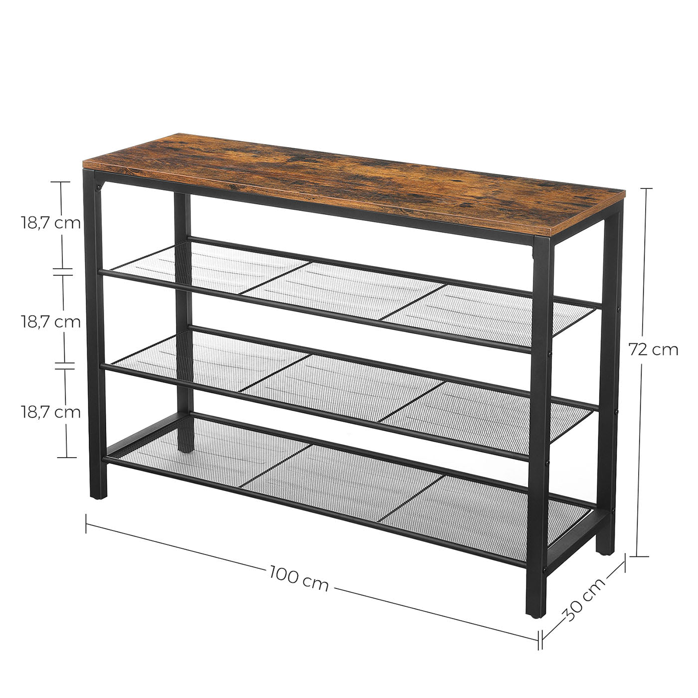 Shoe Rack – Mesh Shelves – Rustic Brown and Black – Simple Structure, Industrial Style