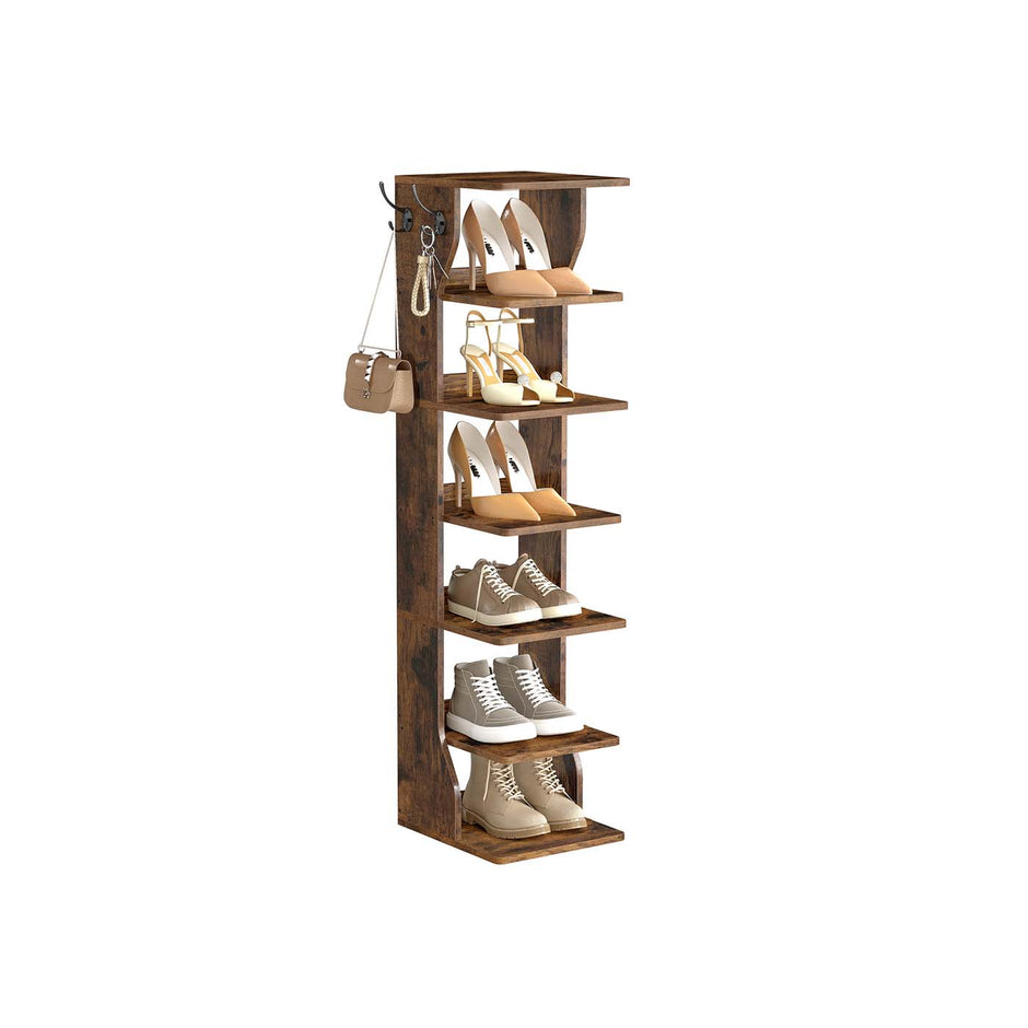 Slim Shoe Rack – Wood – Rustic Brown – 7-Tier Design for Small Spaces
