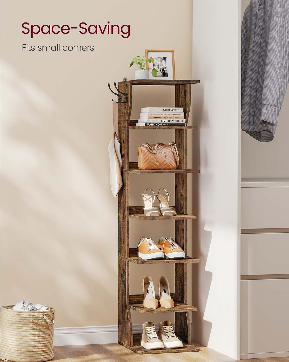 Slim Shoe Rack – Wood – Rustic Brown – 7-Tier Design for Small Spaces
